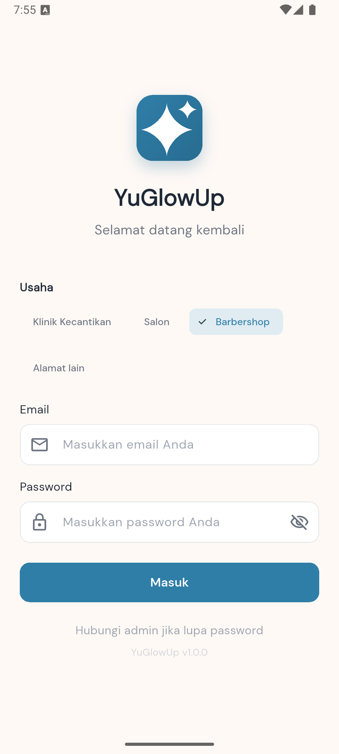 YuGlowUp — masuk & pilih usaha